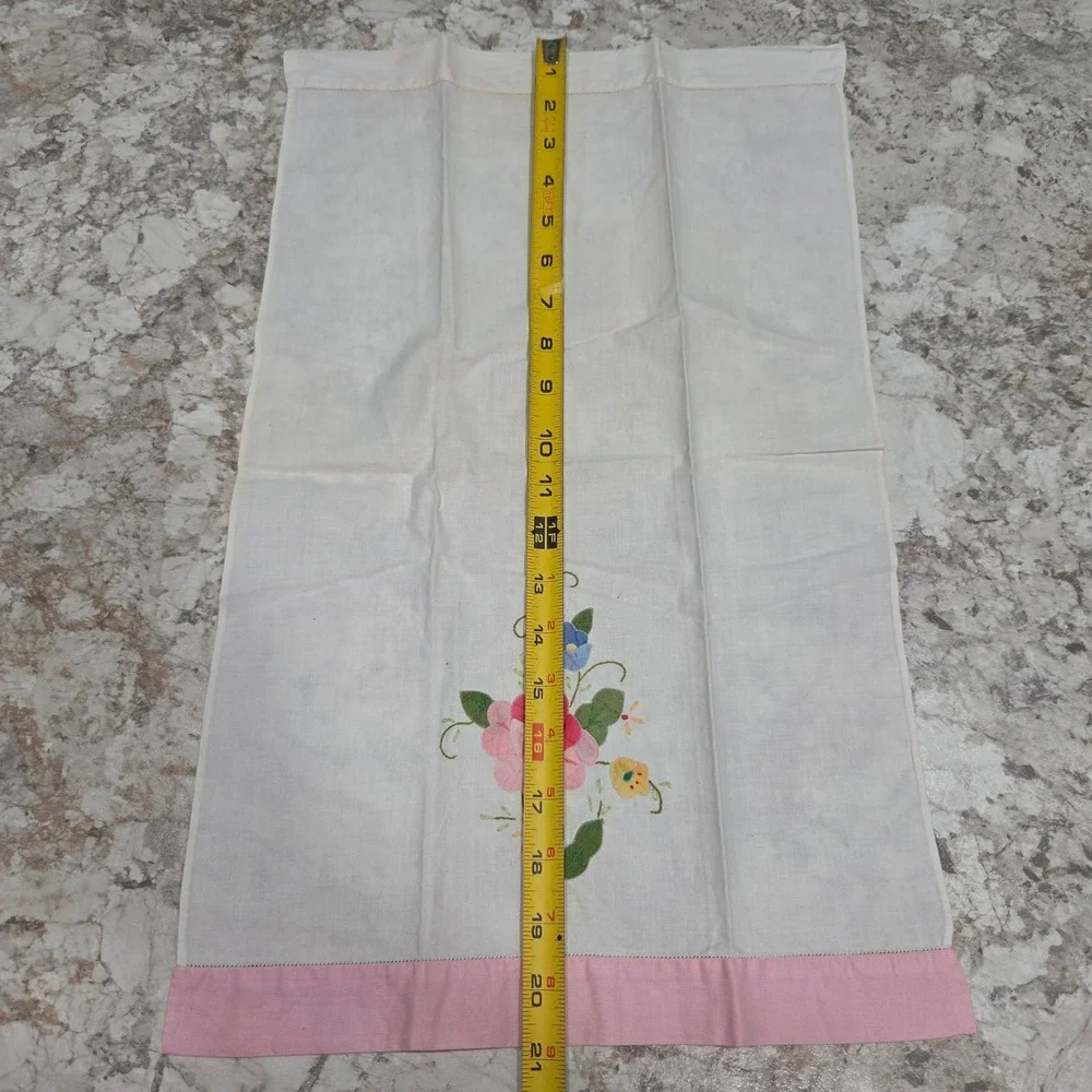 Vintage‎ Linen Tea Towel Pink Floral Hand Embroidered White Kitchen Decor